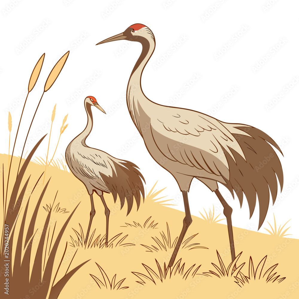 Fototapeta premium Two sandhill cranes standing in tall grass stylized vector illustration with a white background