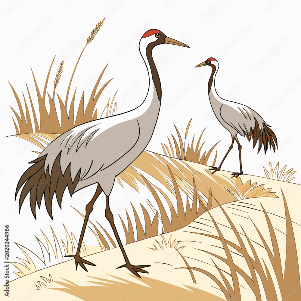 Fototapeta premium Two cranes standing in tall grass digital illustration with a natural color palette