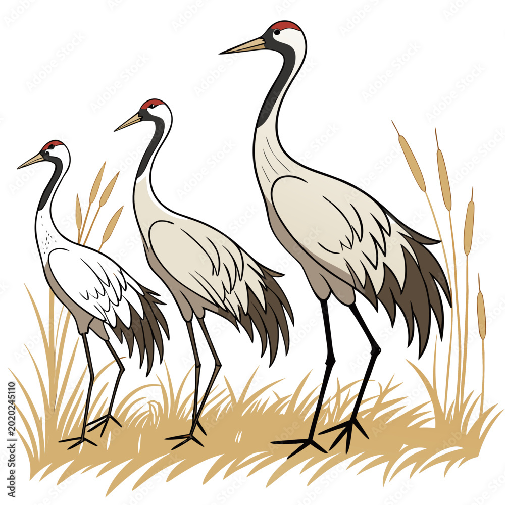Fototapeta premium Three cranes standing in tall grass vector illustration with a white background