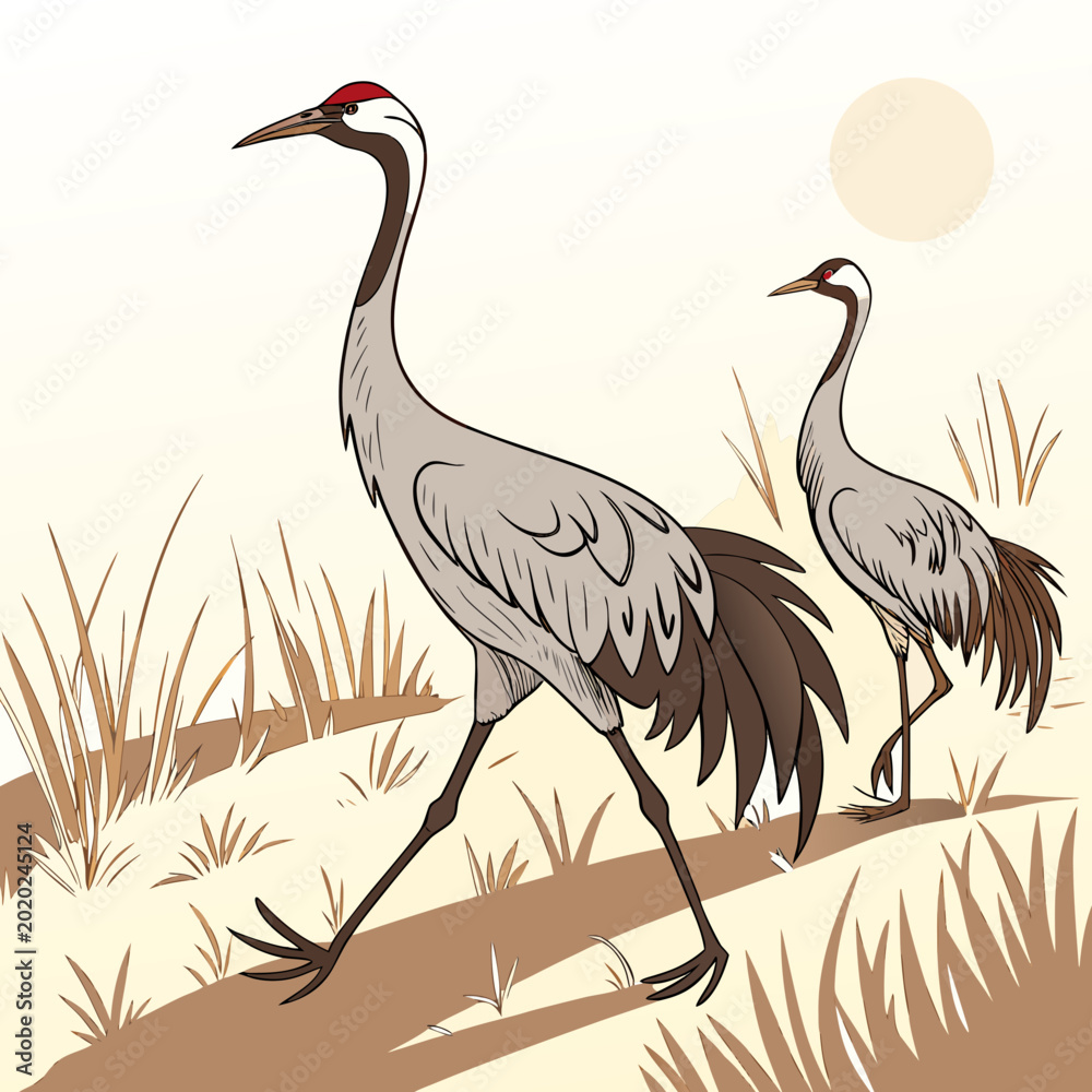 Fototapeta premium Two sandhill cranes walking in a field detailed vector illustration with a beige background