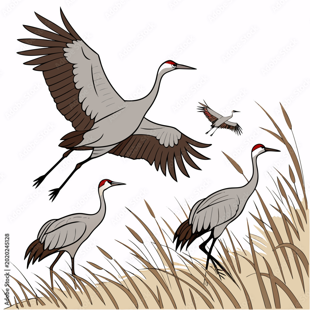Fototapeta premium Sandhill cranes illustration with reeds detailed vector artwork on a white background