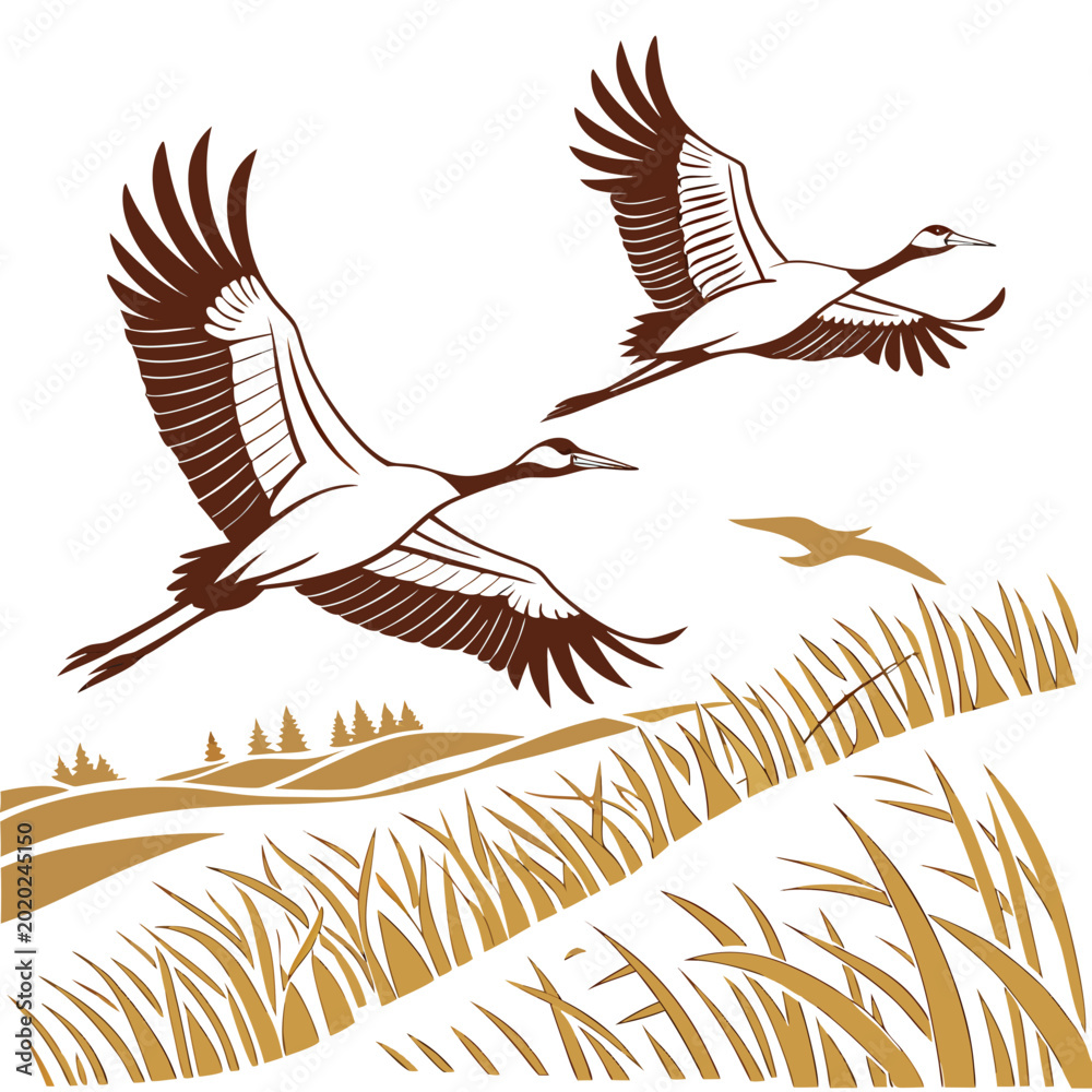Fototapeta premium Two cranes in flight over a field of tall grass woodcut style illustration