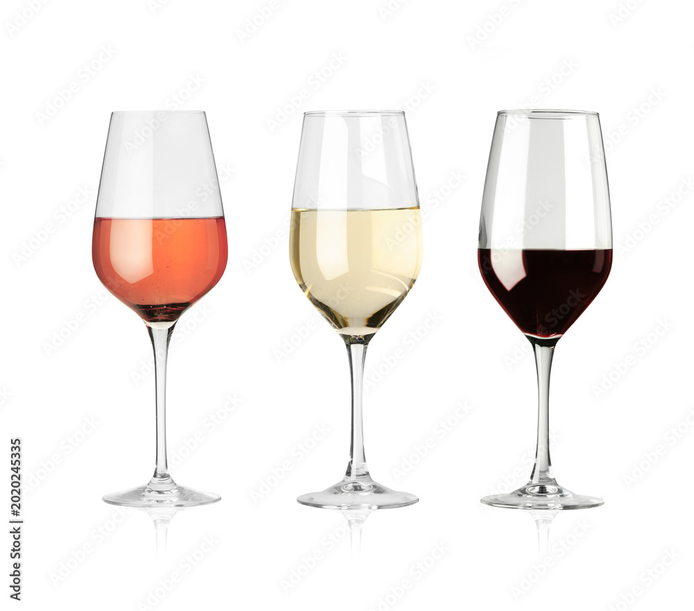 Obraz premium Rose, red and white wine in glasses on transparent background