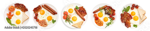 English breakfast. Delicious sunny side up eggs with bacon, red beans and sausages isolated on white, set