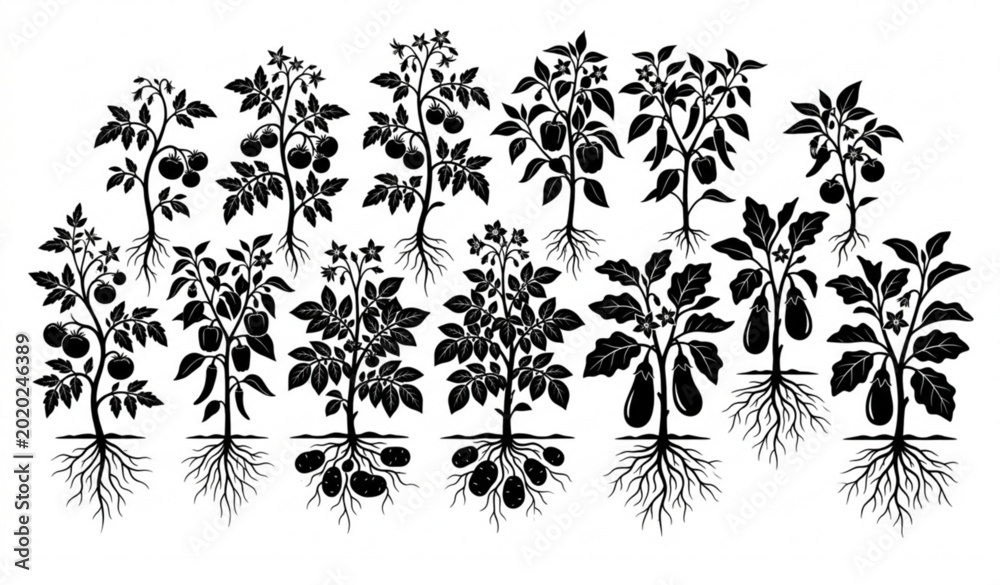 Εκτύπωση καμβά Botanical nightshade crop silhouettes with root systems tomato pepper potato and