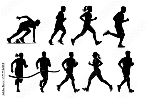 Running people silhouette set sport fitness activity vector illustration isolated on white