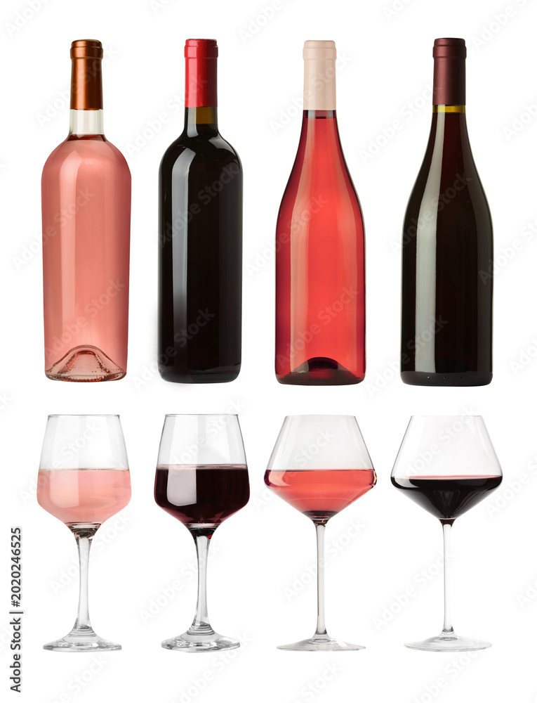 Obraz premium Red and rose wine in bottles and glasses on transparent background