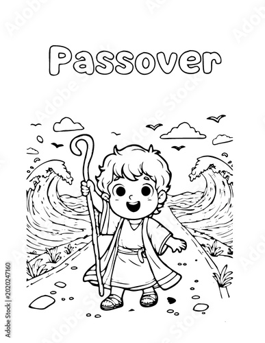 Passover coloring page with Moses parting the Red Sea, Jewish holiday line art