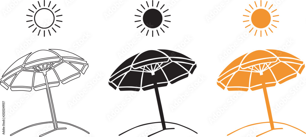 Obraz premium Colorful illustration of three beach umbrellas and sun symbols in various colors victor illustration