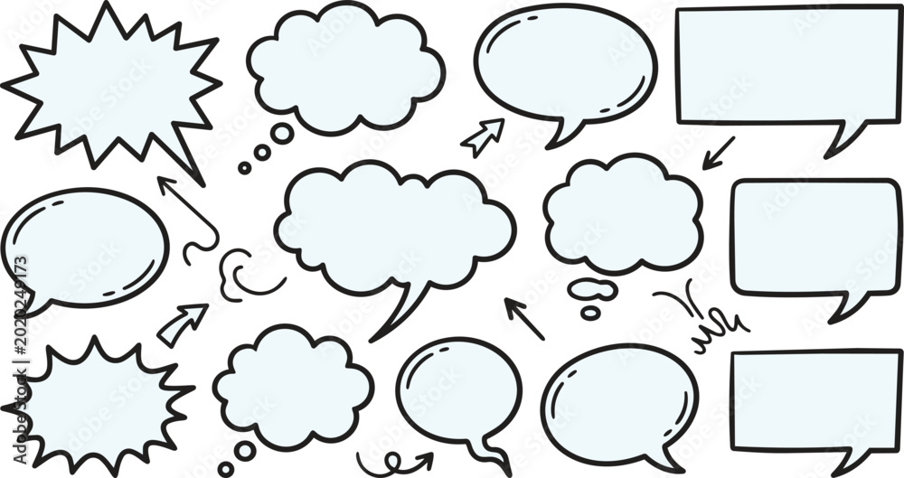 Obraz premium Set of hand drawn speech bubbles and thought balloons for comic book design and communication message elements