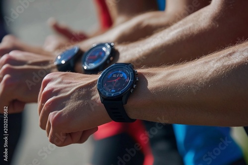 Athletes beginning marathon race with wearable tracking devices