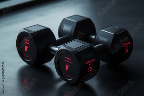 Smart dumbbells with built-in displays showing workout stats