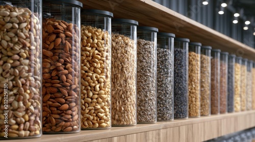 Row of glass jars filled with different types of nuts and seeds on a wooden shelf. the jars are arranged in a neat and orderly manner, with each jar containing a different type of nuts.