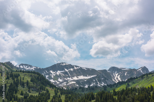 Vivid green scenery with forest hills and high rock mountain range with snow ...