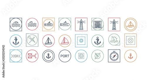 Bild auf Leinwand Nautical Icons Set: Ships, Anchors, Lighthouses, Compass, Waves, Port