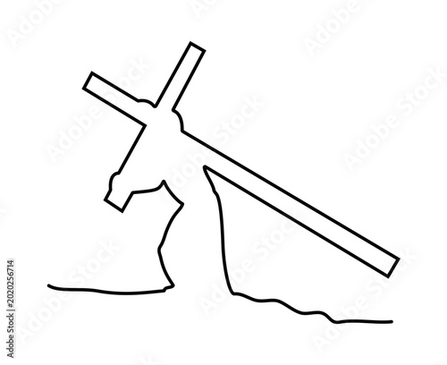 A minimalist black and white line drawing depicts Jesus Christ bearing the heavy cross, symbolizing sacrifice and redemption. Jesus Christ carrying his cross on the way to Golgotha, a symbolic outline