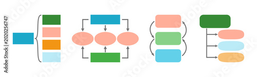 Various abstract diagrams illustrating different types of processes, hierarchies, and relationships with simple shapes and arrows. Collection of colorful flowcharts and organizational diagrams