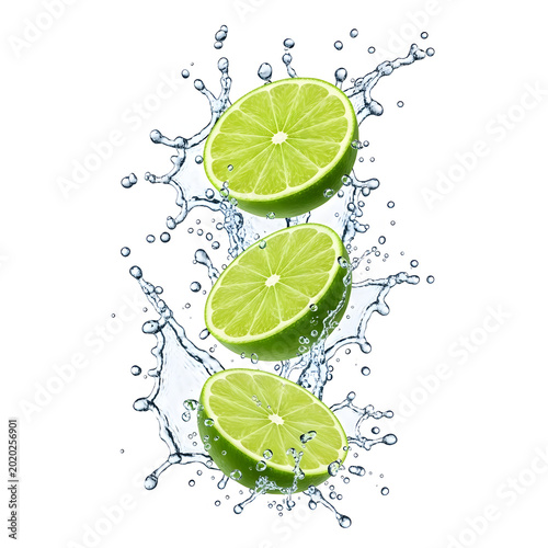 Three vibrant lime halves floating in midair surrounded by a dynamic splashing water effect in this bright studio photo that captures the refreshing essence of juicy citrus fruits for advertising.