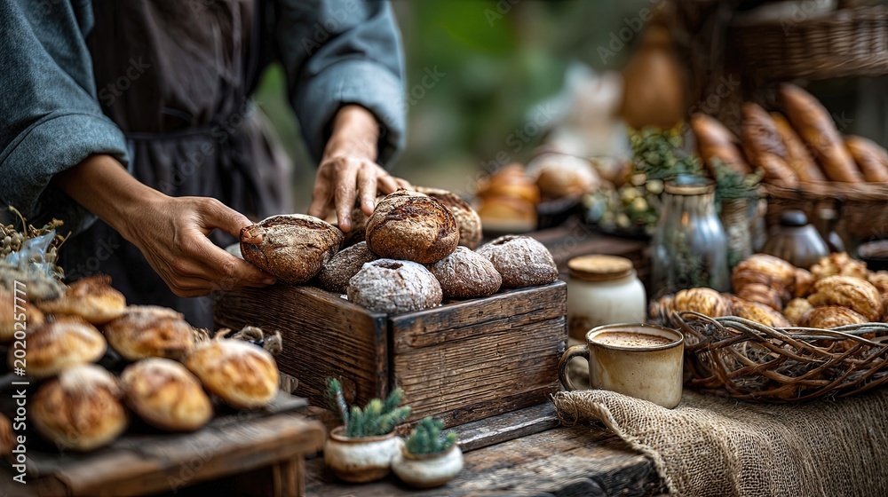 Fototapeta premium Artisan Bakery Display With Fresh Rustic Bread And Pastries. Generative AI
