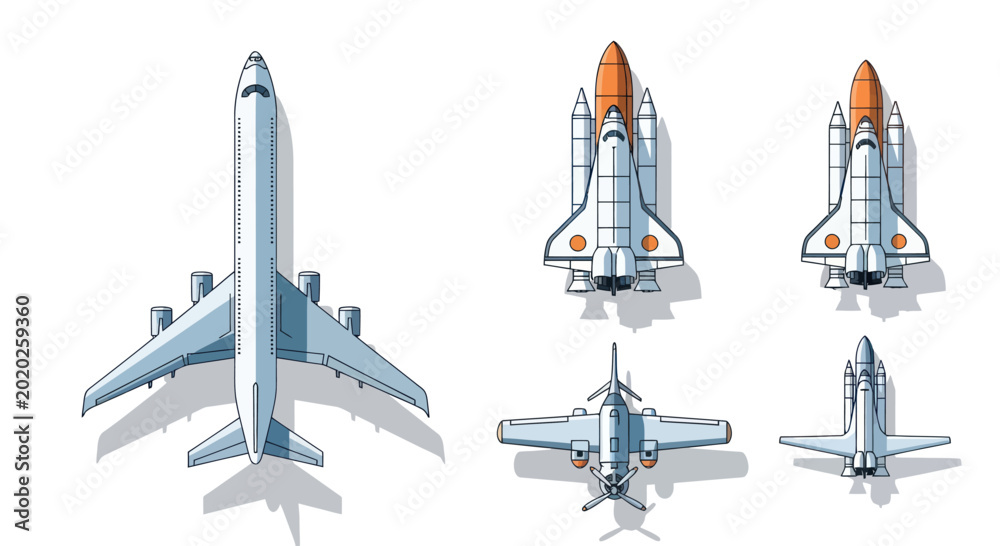 Εκτύπωση καμβά Set of aircraft and spacecraft, top and side views, isolated on white