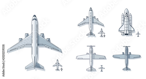 Foto Set of aircraft and spacecraft icons. Top view flat design.