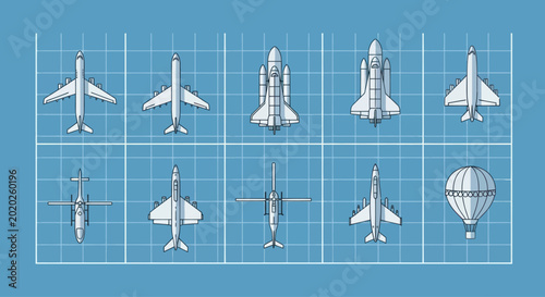 Photos Set of various aircraft and hot air balloon on blue grid background