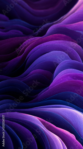 Vivid abstract waves in deep purple and blue tones create a mesmerizing digital background. Fluid shapes and smooth gradients evoke a sense of motion and modern creativity
