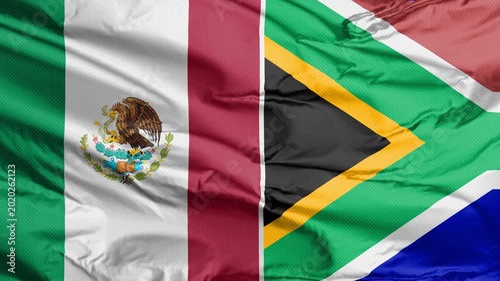 A horizontal merge of Mexico and South Africa flags symbolizes their soccer match rivalry.