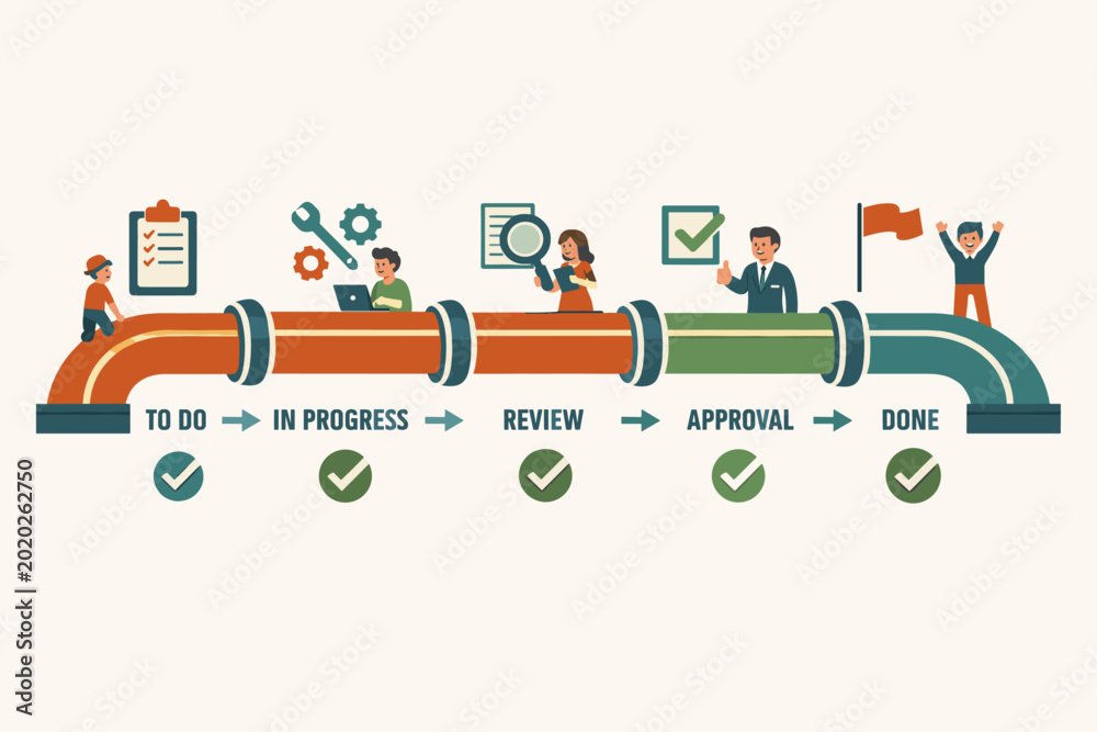Naklejka premium A workflow visualization showing a task moving through a pipeline of