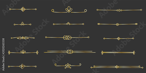 Elegant Blue Art Deco borders with geometric ornaments. Set of vector decorative dividers, design elements,  golden in retro 1920s. Gold for vintage invitations, classic menus and luxury labels