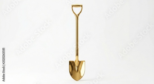 Shiny gold shovel standing upright against solid white background representing new beginning construction development project success or groundbreaking event business metaphor.