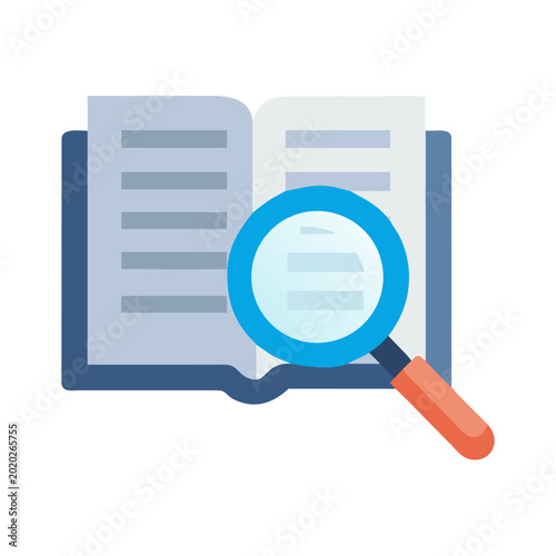 Open book with a magnifying glass symbolizing research and information searching process