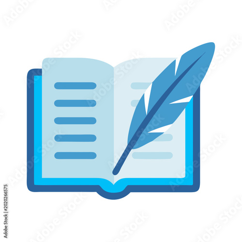 Stylized flat icon of an open book with a feather pen on black