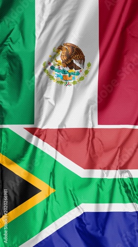 Vertical view of Mexico and South Africa flags merged to symbolize a soccer match between teams.