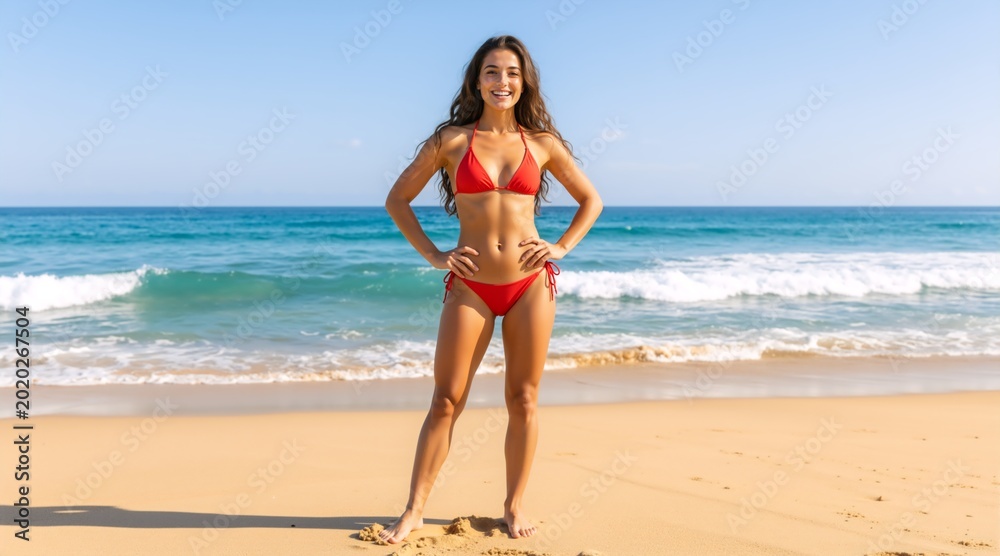 Fototapeta premium Confident woman in a red bikini standing on a sandy beach. Smiling young female posing by the ocean on a sunny day. Summer vacation and fitness concept