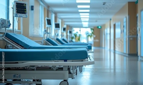 Hospital corridor with medical beds and equipment illuminated by bright ceiling lights.