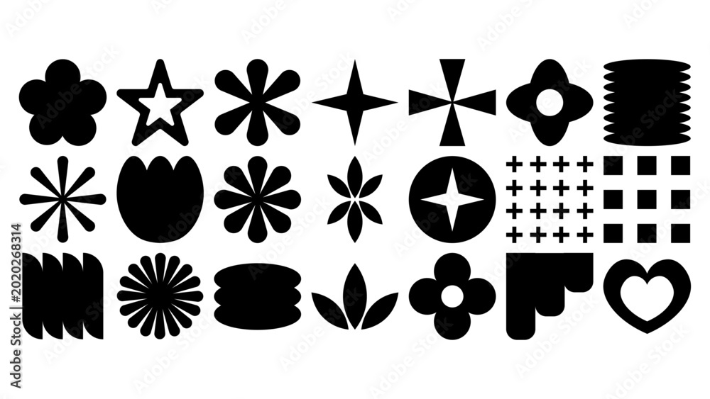 Fototapeta premium Decorative abstract geometric shapes in retro minimalist style. Black and white graphic symbols for branding, posters, packaging and social media design.