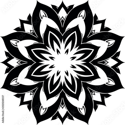 Intricate Black Tribal Mandala Vector Ornament with Sharp Geometric Flower Silhouette Patterns