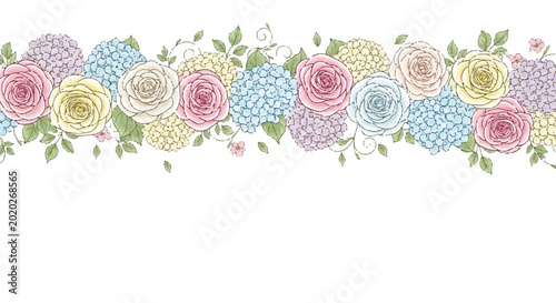 Seamless Floral Border with Pastel Roses and Hydrangeas.