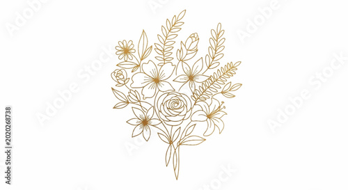 Elegant Gold Line Art Floral Bouquet Illustration.