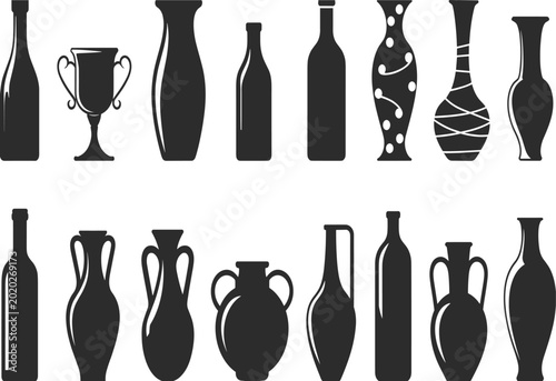 Fotografía Collection of various bottle and vase silhouettes icons set, ceramic pottery amphora shapes, black vector glass containers for interior design