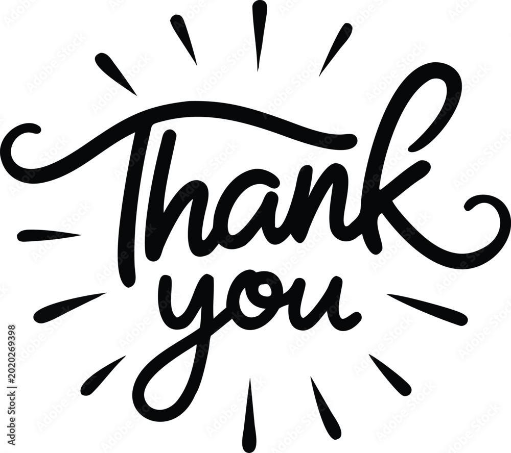 Fototapeta premium Handwritten thank you message in black cursive font with decorative lines on white background