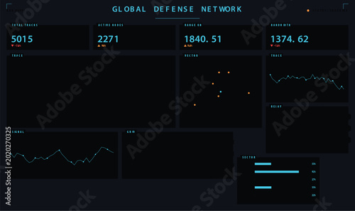 Fotografía Futuristic global defense network dashboard interface with data visualization ve