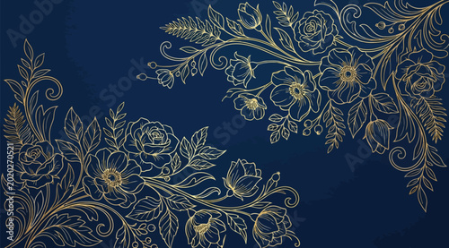 Foto Elegant golden floral ornament on a deep blue background, intricate handdrawn bo