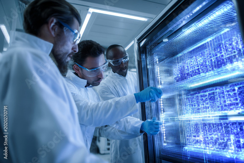 Team of diverse scientists in modern laboratory analyzing futuristic digital data on transparent screens. Advanced technology and innovation drive scientific research progress