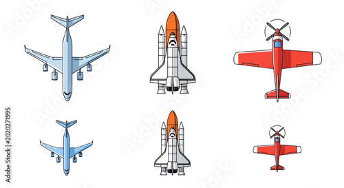 Top View Aircraft, Space Shuttle, and Biplane Collection - Flat Design Icons