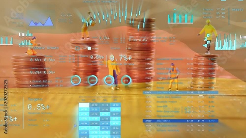 Camera panning, coin stacks with mini figures climbing and walking while HUD highlighting values