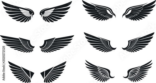 Slika na platnu Black Wing Silhouette Vector Set for Heraldic Insignias, Aviator Badges, Angelic