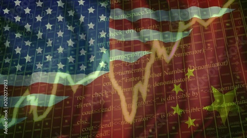 Glowing line starting lower-left, US-China flags rippling while line tracing data grid for markets
