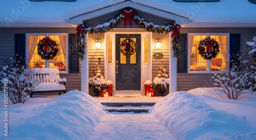 Festive Christmas Decorated House Exterior in Snowy Winter Scene.